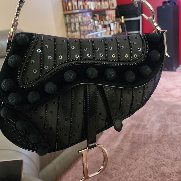 Dior Black Velvet and Leather Pom Pom Saddle Bag - Picture 2 of 3